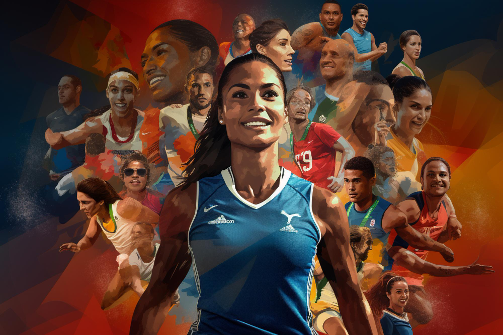 A collage of diverse athletes in dynamic action poses, featuring a central figure sprinting forward, all dressed in sportswear, symbolizing the power of celebrity endorsements in athletics.