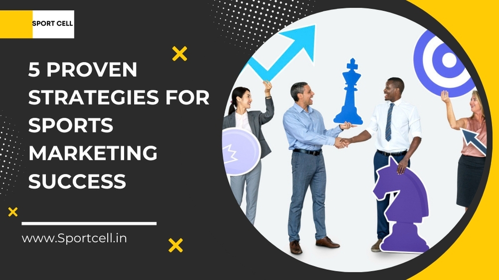 A promotional graphic for Sport Cell with the title "5 Proven Strategies for Sports Marketing Success" and a URL, featuring a diverse group of professionals shaking hands and holding marketing symbols.