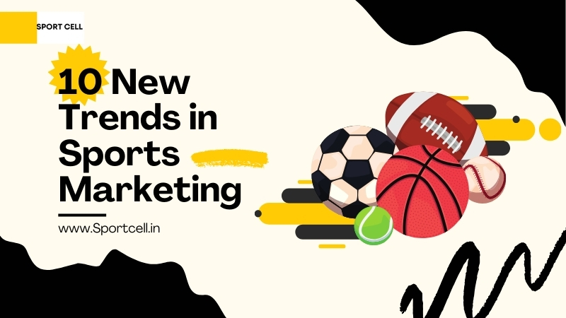 A dynamic graphic with assorted sports balls, promoting Sportcell's insights on emerging Sports Marketing trends on their website.